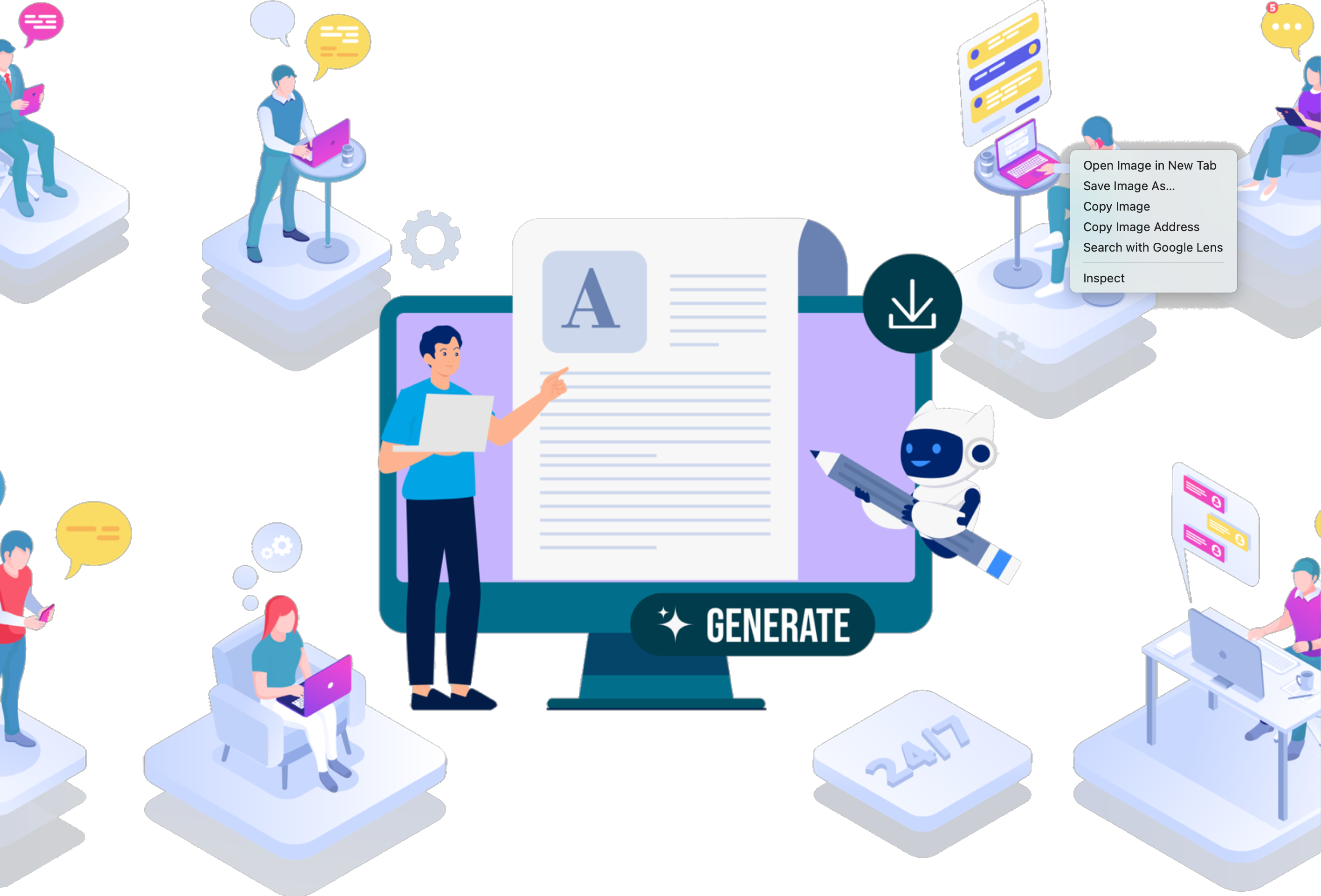 DocGenie — agentic document generation across an organisation, illustrated as a connected workspace with a central document and a Generate action