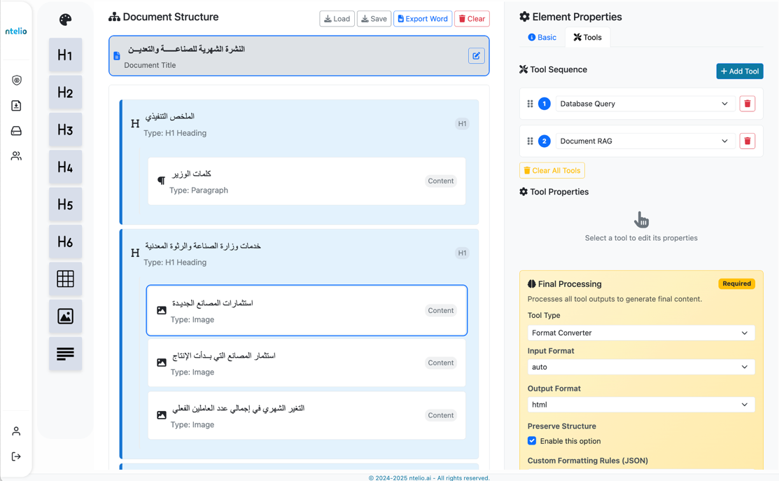 Screenshot of the DocGenie Document Structure editor — a left rail of heading levels and content types, a centre canvas showing a document outline in Arabic with H1 sections and image blocks, and a right panel binding tools (Database Query, Document RAG) to a Final Processing step.